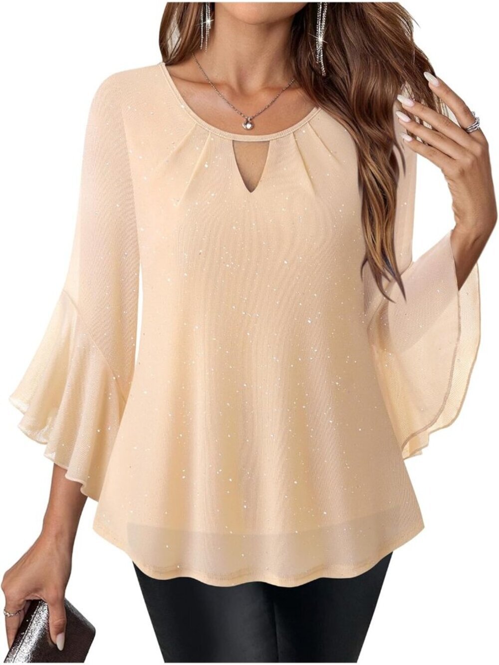 Women's Shirt Champagne Ruffle 3/4 Sleeve Blouses Glitter Cocktail Party Top